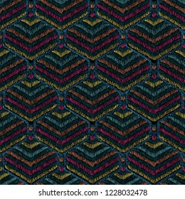 traditional folk fashionable embroidery stitch on a black background. Plant and flower motifs. Rose, cactus, bird, feathers. Pattern, seamless texture, vector illustration