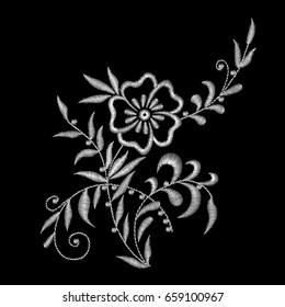 Traditional folk fashionable stylish floral embroidery stitch on a black background. White lace. Sketch for printing on clothing, fabric, design. vector