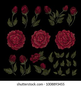 Traditional folk flower fashionable embroidery on the black background. A bouquet of roses and a dog rose, for printing on clothes, vector
