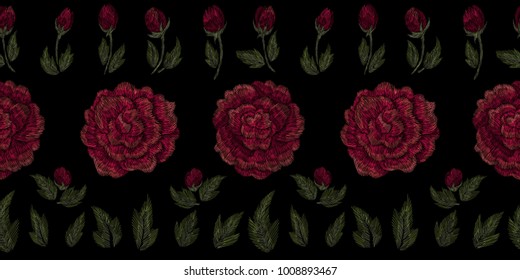 Traditional folk flower fashionable embroidery on the black background. A bouquet of roses and a dog rose, for printing on clothes, vector