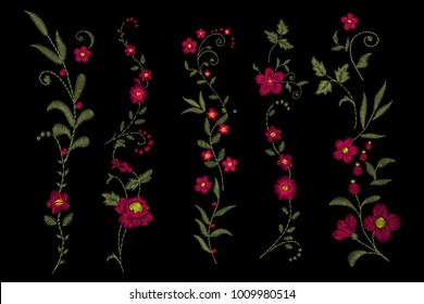 Traditional folk flower fashionable embroidery on the black background. A bouquet of roses and a dog rose, for printing on clothes, vector