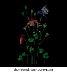 Traditional folk flower fashionable embroidery on the black background. wildflowers, for printing on clothes, vector
