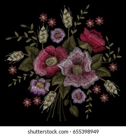 Traditional folk flower fashionable embroidery on the black background. A bouquet of roses and a dog rose, for printing on clothes, vector