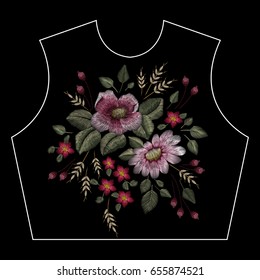 Traditional folk flower fashionable embroidery on the black background. A bouquet of roses and a dog rose, for printing on clothes, vector