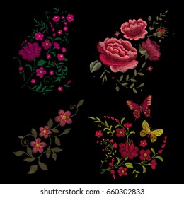 Traditional folk flower fashionable embroidery on the black background. A bouquet of roses and a dog rose, for printing on clothes, vector