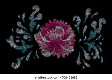 Traditional folk flower fashionable embroidery on the black background. A bouquet of roses and a dog rose, for printing on clothes, vector