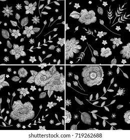Traditional folk flower fashionable embroidery on the black background. A bouquet of roses and a dog rose, for printing on clothes, vector, Seamless pattern