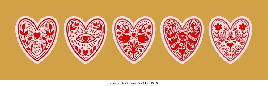 Traditional folk heart vector Illustration, Nordic heart illustration in a Hand drawn style, ornament inspired by folk art 