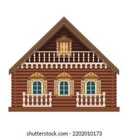 Traditional folk hut from fairy tales. Russian old wooden house on a white background. Vector illustration in a flat style.