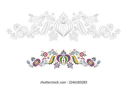 Traditional folk ornament. Floral embroidery Czech pattern. Coloring pages with a colour template. Moravian, Slovak and Hungarian symbol. Vector illustration