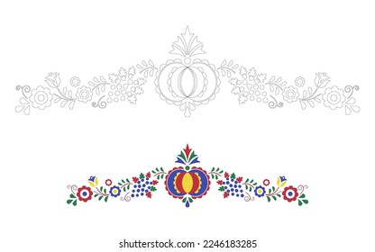 Traditional folk ornament. Floral embroidery Czech pattern. Coloring pages with a colour template. Moravian, Slovak and Hungarian symbol. Vector illustration