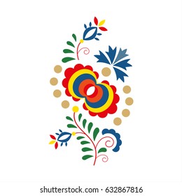 Traditional folk ornament and pattern, floral embroidery symbol isolated on white background, vector illustration