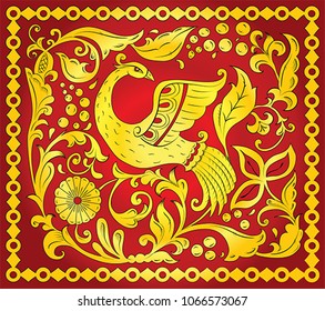 Traditional folk ornament of the Russian North with golden bird of happiness on red background