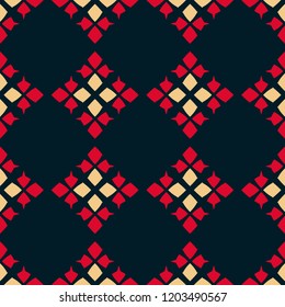 Traditional folk ornament. Vector geometric seamless pattern. Tribal ethnic motif. Ornamental texture with rhombuses, flower shapes, diamonds. Red, black and yellow colored background. Repeat design svg