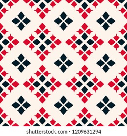 Traditional folk ornament. Vector geometric seamless pattern. Tribal ethnic motif background. Ornamental texture with rhombuses, flower shapes, diamonds. Red, black and white colors. Repeat design