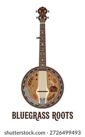 Banjo tradicional de instrumentos de cuerda folclóricos con Elementos detallados de la naturaleza y una textura rústica de madera y raíces de bluegrass de texto