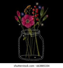 Traditional folk stylish stylish floral embroidery on the black background. Sketch for printing on clothing, fabric, masks, accessories and design. Trend vector