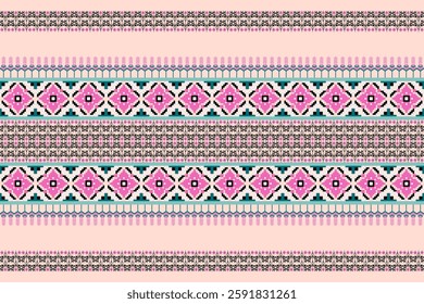 Traditional Folk-Inspired Pixel Art Pattern with Geometric and Floral Motifs in Pink, Black, and Teal – Decorative Seamless Textile Design for Fabric, Wallpaper, and Digital Use