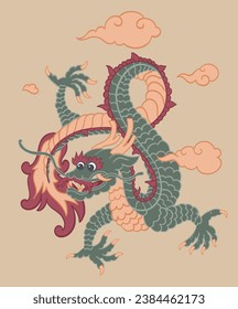 Traditional folklore and chinese mythology creature, isolated dragon symbol of 2024 new year. Zodiac sign, monster or beast with claws and scary facial expression, reptilian tail. Vector in flat style