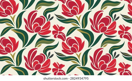 Traditional folklore seamless pattern featuring stylized bright red flowers and green leaves on an off white background.