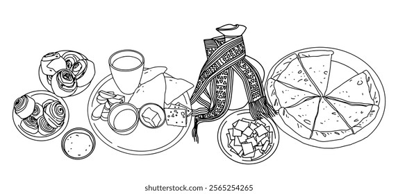 Traditional food of Dagestan and Caucasian people, khachapuri, khinkal, jar in minimalistic vector line illustration set. Vector illustration