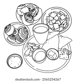 Traditional food of Dagestan and Caucasian people, khachapuri, khinkal, jar in minimalistic vector line illustration set. Vector illustration