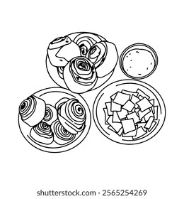 Traditional food of Dagestan and Caucasian people, khachapuri, khinkal, jar in minimalistic vector line illustration set. Vector illustration