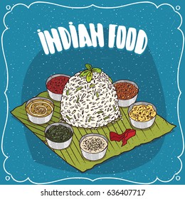 Traditional food, dish of Indian cuisine, known as Thali, serving white rice with seasoning different sauces like chutney, on banana leaf plate. Hand drawn comic style. Vector illustration