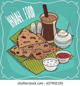 Traditional food, dish of Indian cuisine, pieces of flatbread with sauces like chutney and curd cheese, on banana leaf plate and masala chai tea. Hand drawn comic style. Vector illustration