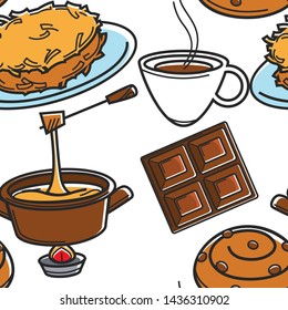 Traditional food and drink Swiss cuisine seamless pattern vector rosti and cheese fondue chocolate and coffee endless texture hot beverage and culinary recipes wallpaper print travel to Switzerland.