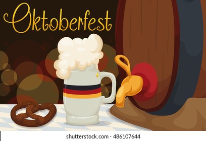 Traditional food and drinks for Oktoberfest: pretzel and marzen beer in a stein and a keg in night scene for banner in cartoon style.