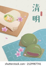 Das traditionelle Essen zum Grab Sweeping Day. Die Pfirsichblüten fallen neben der süßen grünen Reiskugel und der Pfefferkugel. Cute-Stil, Vektorgrafik. ( Text: Qingming Festival, 5. April)