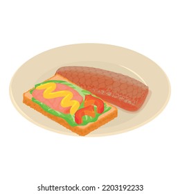 Traditional food icon isometric vector. Sandwich with sausage, vegetable and fish. Belgian traditional cuisine