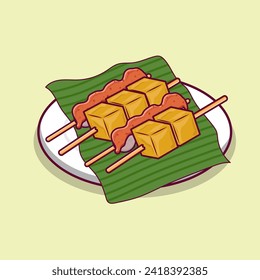 traditional food indonesian, satay, meatball, tofu with peanut chilli sauce illustration, menu food icon for asian food, Detailed of tofu satay with meatball on green leaf on white plate