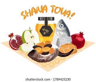  Traditional Food For Jewish Holiday Roch Hashanah (new Year): Fish Head, Tzimmes, Apple, Pomegranate, Honey,  Challah And Text 