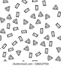Traditional Food Pizza Pepperoni Seamless Pattern. Breakfast Delicious Ingredient Cheese, Salami, Tomato, Meat, Mozzarella Fast Hot Box. Glass With Soda, Ice, And Bubbles Flat Vector Illustration