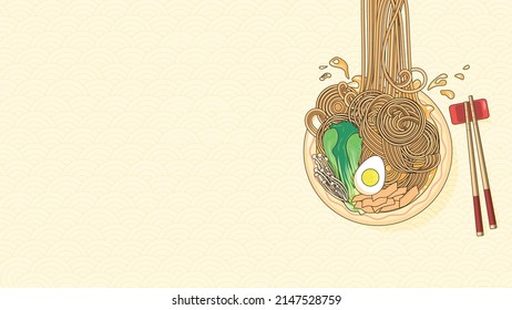 Traditional food, plate with ramen, asian soup, illustration for web. Illustration with free space for text - Shutterstock ID 2147528759