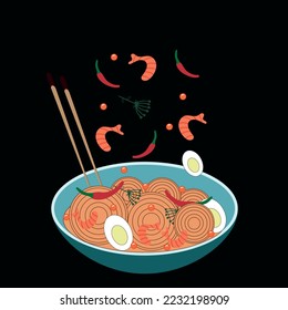  Traditional food, plate of ramen, Asian soup.