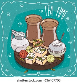 Traditional food, popular sweets of Asian cuisine, balls Laddu or Laddoo and rectangular Barfi or Burfi, on wooden plate and masala chai tea. Hand drawn comic style. Vector illustration