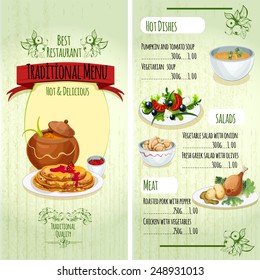 Traditional food premium restaurant menu template with hot dishes salads and meat vector illustration