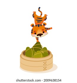 Traditional food rice dumpling from bamboo steamer to celebrate Dragon Boat Festival. Duanwu holiday. Zongzi on bamboo leaves. Tiger cub cartoon athlete. Taiwan traditional food. Vector art.