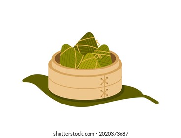 Traditional food rice dumpling from bamboo steamer to celebrate Dragon Boat Festival on a large green leaf. Duanwu holiday. Zongzi. Rice dumplings in a wooden round box. Taiwan traditional food Vector