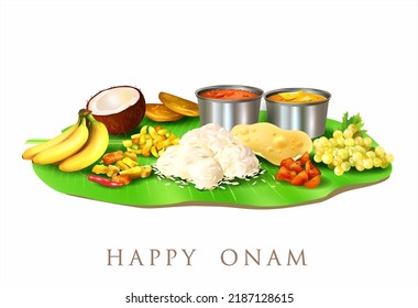 La comida tradicional (sadya) se sirve en hojas de plátano para el festival de la cosecha del sur de India Onam. Aislado en blanco. Ilustración vectorial.