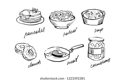 Traditional food set, pancakes, salad, soup, donuts, meat, cornichons hand drawn vector Illustration on a white background