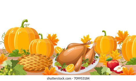 Traditional food for Thanksgiving Day. Baked turkey, pumpkin, pumpkin pie, apple, grapes and autumn leaves. Vector illustration. 