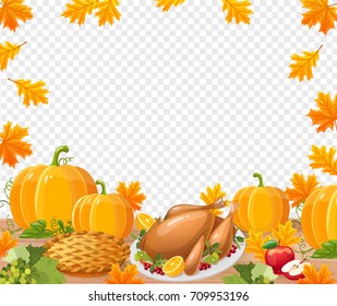 Traditional food for Thanksgiving Day. Baked turkey, pumpkin, pumpkin pie, apple, grapes and autumn leaves. Vector template for you design. 
