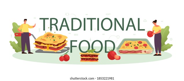 Traditional food typographic header. Italian delicious cuisine on the plate. People cooking cheese and meat meal for dinner or lunch. Isolated flat vector illustration