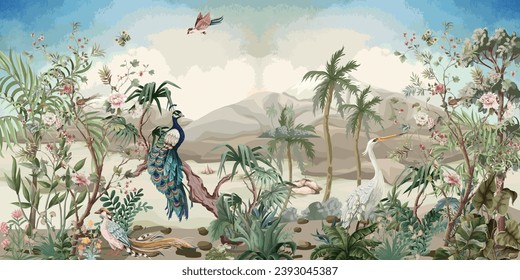 Traditional Forest garden with watercolor tree, vector flower, watercolor background.