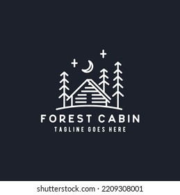 Traditional Forest Wooden House, Villa Log Cabin Cottage with Pine Evergreen Fir Trees for Adventure Outdoor Holiday Camp logo design