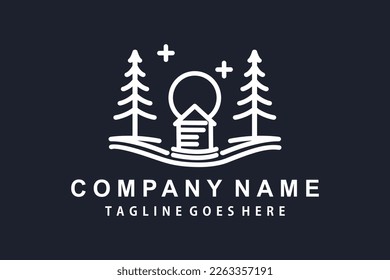 Traditional Forest Wooden House, Village Cabin Cottage with Pine Evergreen Fir Trees for Adventure Outdoor Holiday Camp logo design